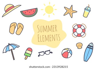 Cute colorful summer and beach elements vector seamless. Straw hat, watermelon, sun, starfish, lemon juice, slippers, umbrella, fruit popsicle stick, glasses, beach ball, shells, surfboard