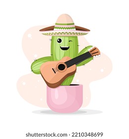 Cute colorful summer cactus in flowerpot with sombrero and guitar in flat design