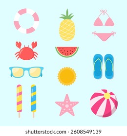 Cute colorful summer elements.Set of beach icons isolated on light blue background.Vector graphic illustration.