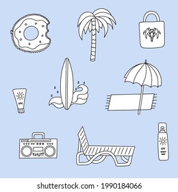 Cute and colorful summer icon set for beach party. Vacation at the sea, ocean, traveling, relaxing. Hand drawn vector illustrations with hand drawn outline isolated on background.