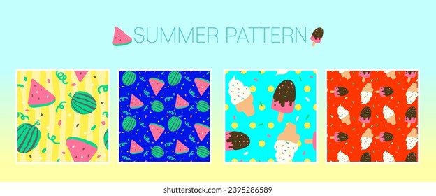 Cute and colorful summer pattern design with watermelon and ice cream.