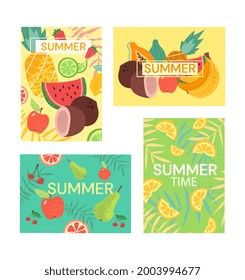 Cute colorful summer postcards with fruits and berries. Pineapple fruit, coconut and a pattern of watermelons. Drawings for poster or postcard. Flat cartoon vector illustration