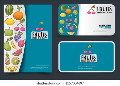 Cute colorful  summer poster and cards with fruits and berries. Flyer and banner mockup design. Vector illustration.