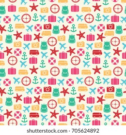 Cute colorful summer seamless pattern on sand backdrop. Vector illustration