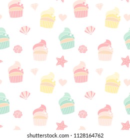 cute colorful summer seamless vector pattern background illustration with cupcakes, starfishes, shellfishes, hearts, roses