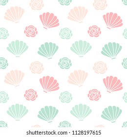 cute colorful summer seamless vector pattern background illustration with seashells and roses