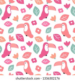 cute colorful summer seamless vector pattern background illustration with toucan, leaves and flowers