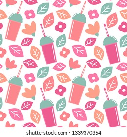 cute colorful summer seamless vector pattern background illustration with smoothies, leaves and flowers
