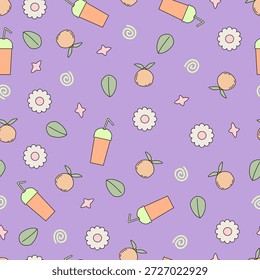 Lindo colorido fondo de patrón de Vector sin fisuras de verano con smoothies gafas, hojas, flores y fruta naranja. Taza del jugo para el tema del verano, envoltura, materia textil, empaquetado.