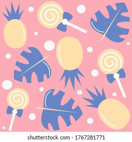 Cute colorful summertime seamless vector pattern background illustration with pineapples, lollipops and monstera leaves