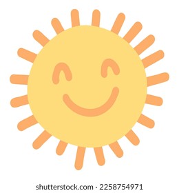 Cute colorful sun. Childish flat vector illustration collection. Weather forecast, meteorology. Rainy, cloud, sunny isolated on white background. T shirt print design element.