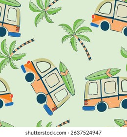 Cute and colorful surf and ice cream trucksVector Illustration For Kids seamless print pattern graphic tee design for kids market as vector