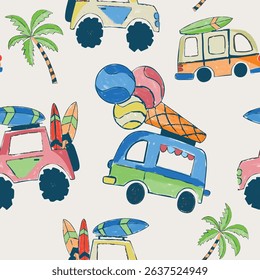 Cute and colorful surf and ice cream trucksVector Illustration For Kids seamless print pattern graphic tee design for kids market as vector