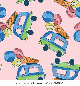 Cute and colorful surf and ice cream trucksVector Illustration For Kids seamless print pattern graphic tee design for kids market as vector