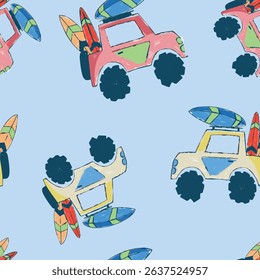Cute and colorful surf and ice cream trucksVector Illustration For Kids seamless print pattern graphic tee design for kids market as vector