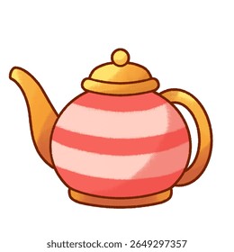 Um bule bonito e colorido com listras cor-de-rosa e uma tampa amarela, desenhado em um estilo de desenho animado simples. Perfeito para desenhos infantis, ilustrações com temas de cozinha ou gráficos de festa do chá.
