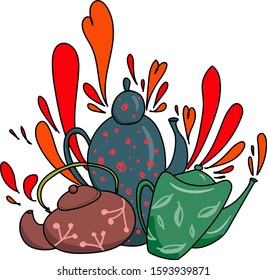 Cute colorful teapots with patterns on white background 