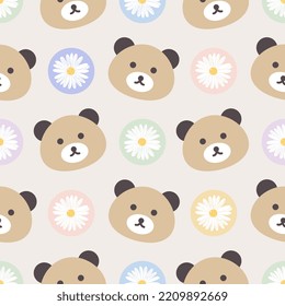 Cute colorful teddy bear face with flowers and dots. Kids kawaii animals seamless pattern background for wrapping paper, fabric and textile print.