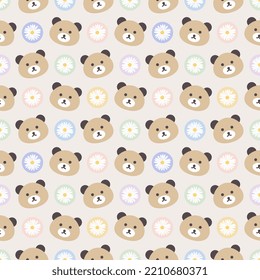 Cute colorful teddy bear face with flowers and dots. Kids kawaii animals seamless pattern background for wrapping paper, fabric and textile print.