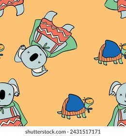 Cute colorful tiger koala bear dinosaur little hero animals seamless print pattern graphic tee design for kids market as vector