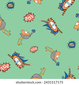 Cute colorful tiger koala bear dinosaur little hero animals seamless print pattern graphic tee design for kids market as vector