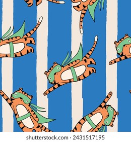 Cute colorful tiger koala bear dinosaur little hero animals seamless print pattern graphic tee design for kids market as vector