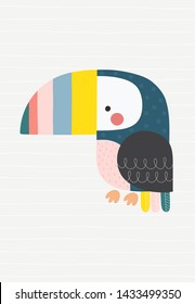 Cute colorful toucan. Vector illustration in a scandinavian style with simple background. Funny poster.