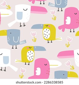 Cute colorful toucans seamless pattern. Childish print with birds. Vector hand drawn illustration.