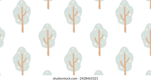 Cute colorful tree doodle seamless pattern, Baby neutral print in pastel colors, pink, blue. Naive style. Simple childish scribble wallpaper print, perfect for the nursery, baby shower, textiles