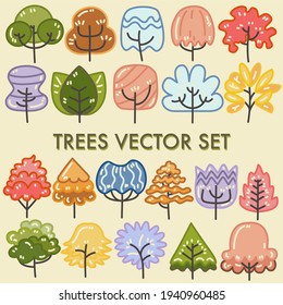 Cute colorful trees vector doodle set  with soft color background