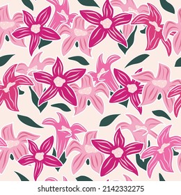 cute colorful trendy abstract seamless vector pattern illustration with beautiful pink flowers and green leaves on pastel background