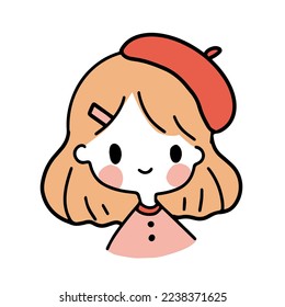 Cute colorful trendy hand drawn portrait smiling girl and orange hair   red beret  pink shirt  Simple modern outlined cartoon kawaii portrait drawing  Vector illustration EPS 10