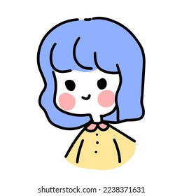 Cute colorful trendy hand drawn portrait smiling girl and blue hair   yellow shirt  Simple modern outlined cartoon kawaii portrait drawing  Vector illustration EPS 10