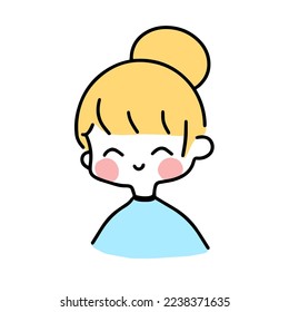 Cute colorful trendy hand drawn portrait girl and blond hair bun  smiling and closed eyes  Simple modern outlined cartoon kawaii portrait drawing  Vector illustration EPS 10