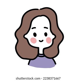 Cute colorful trendy hand drawn portrait smiling girl and brown wavy hair   purple shirt  Simple modern outlined cartoon kawaii portrait drawing  Vector illustration EPS 10