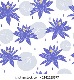 cute colorful trendy seamless vector pattern illustration with beautiful very peri lotus leaves and flowers on white background