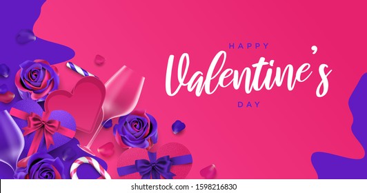 Cute colorful trendy valentine's day horizontal banner background with rose flower, gift box and wine glass vector illustration
