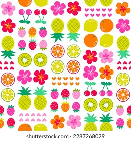 Cute colorful tropical fruits and hibiscus flower seamless pattern for summer holidays background.