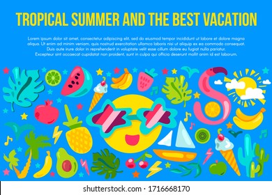 Cute Colorful Tropical Summer Vector Illustration. Floral Composition with Fruit, Flamingo and Sun Isolated Blue Background. Funny Children Design Banner for Print. Flat Cartoon Drawing