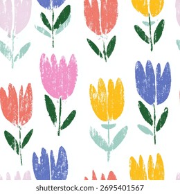 Cute, colorful tulip pattern on a white background, Linen  print pattern, cotton, silk, vector illustration, doodle summer, kids and baby designs for print fabric. 