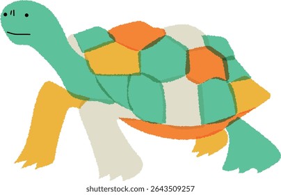 Cute colorful turtle with patchwork shell on white background, vector illustration for children’s and educational use