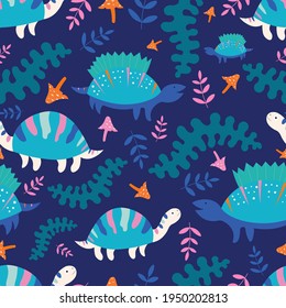 Cute colorful turtle vector seamless repeat pattern.