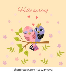 Cute and colorful two birds sit  on spring tree branch. Card. Vector illustration. 