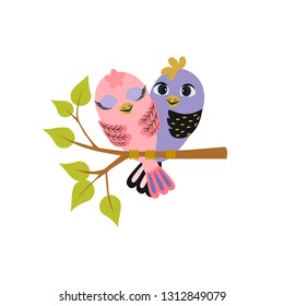 Cute and colorful two birds sit  on spring tree branch. Vector illustration for you design, scrapbooking, children's room. 