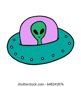 Cute colorful ufo, flying saucer vector illustration doodle cartoon drawing with alien inside. Sticker patch or badge, cool icon.