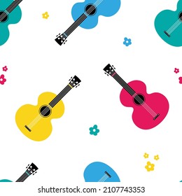 Cute and colorful ukulele musical instruments and flowers vector seamless pattern background.