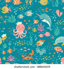 Cute colorful underwater seamless pattern with happy animals.