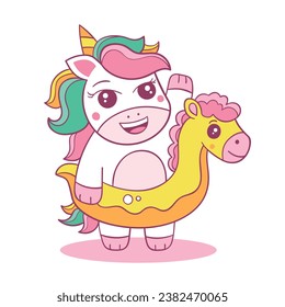 Cute Colorful Unicorn Character in a Lifebuoy