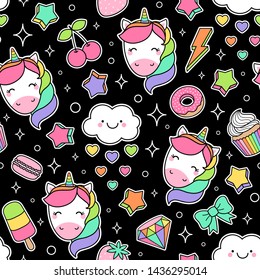 Cute colorful unicorn and dessert seamless pattern background