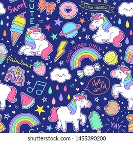 Cute colorful unicorn with doodle elements and positive words seamless pattern background
